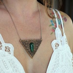 Wood Mandala Necklace with Green Stone